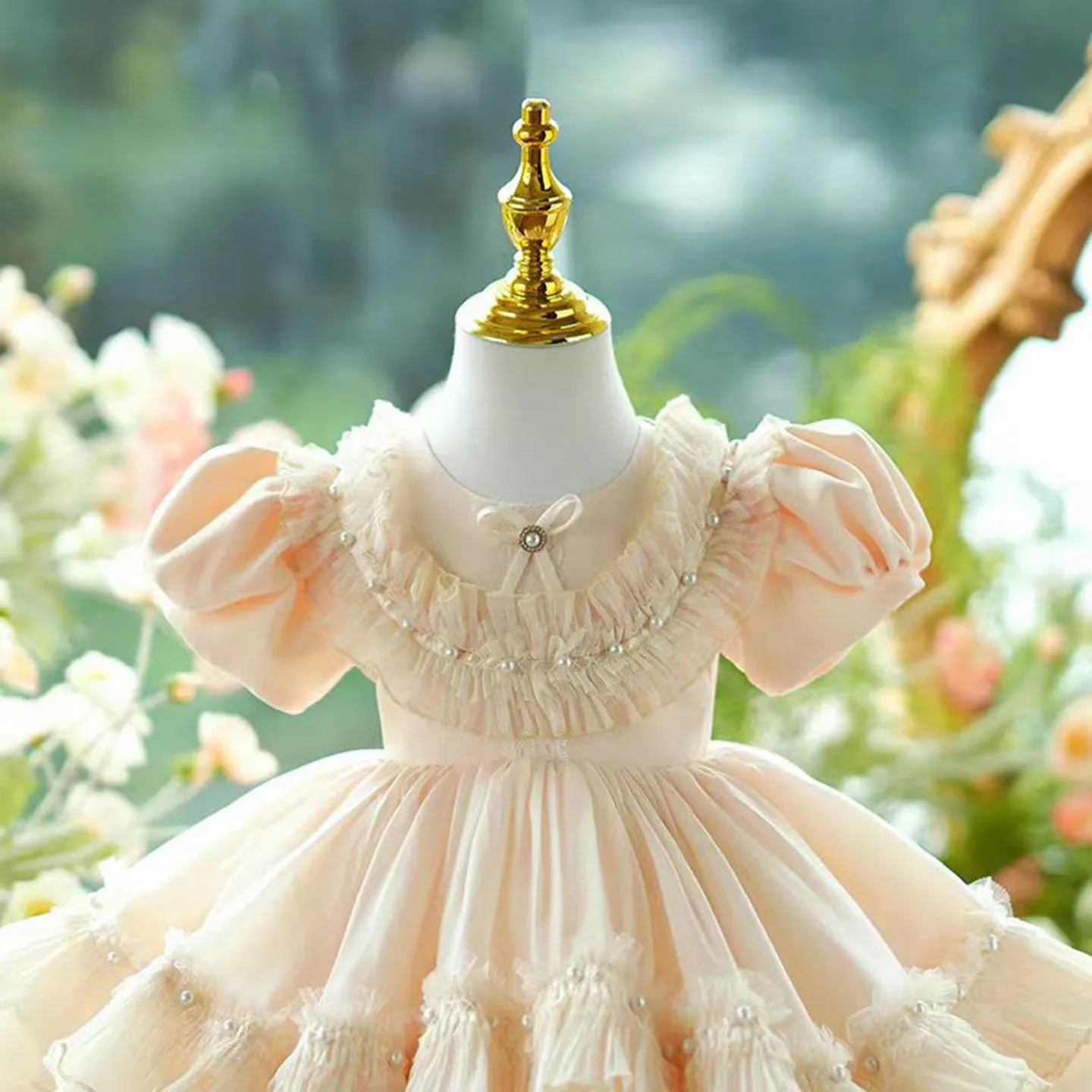 Dreamy Champagne Tulle Girl Dress Lace Toddler Kids 1st Birthday Gown J456