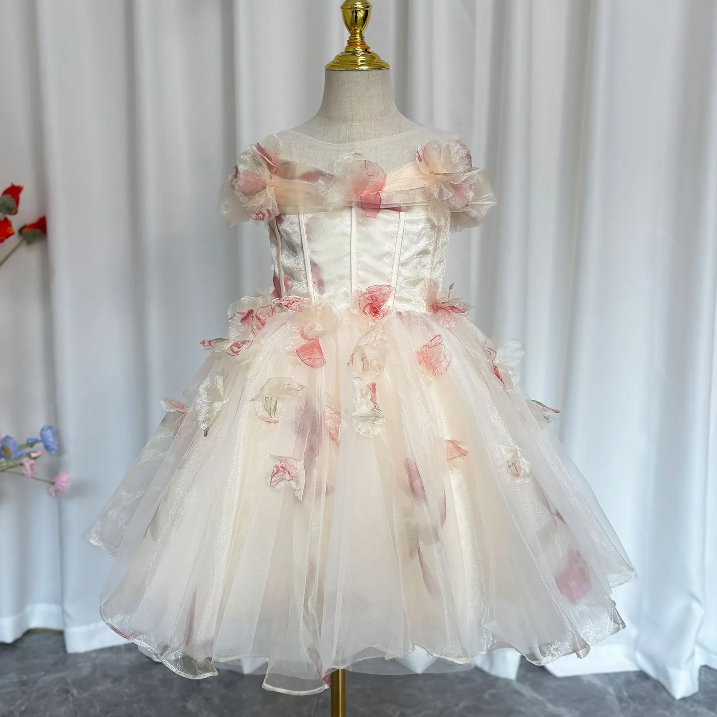 DreamyVow Champagne Floral 1st Birthday Party Girl Dress J345