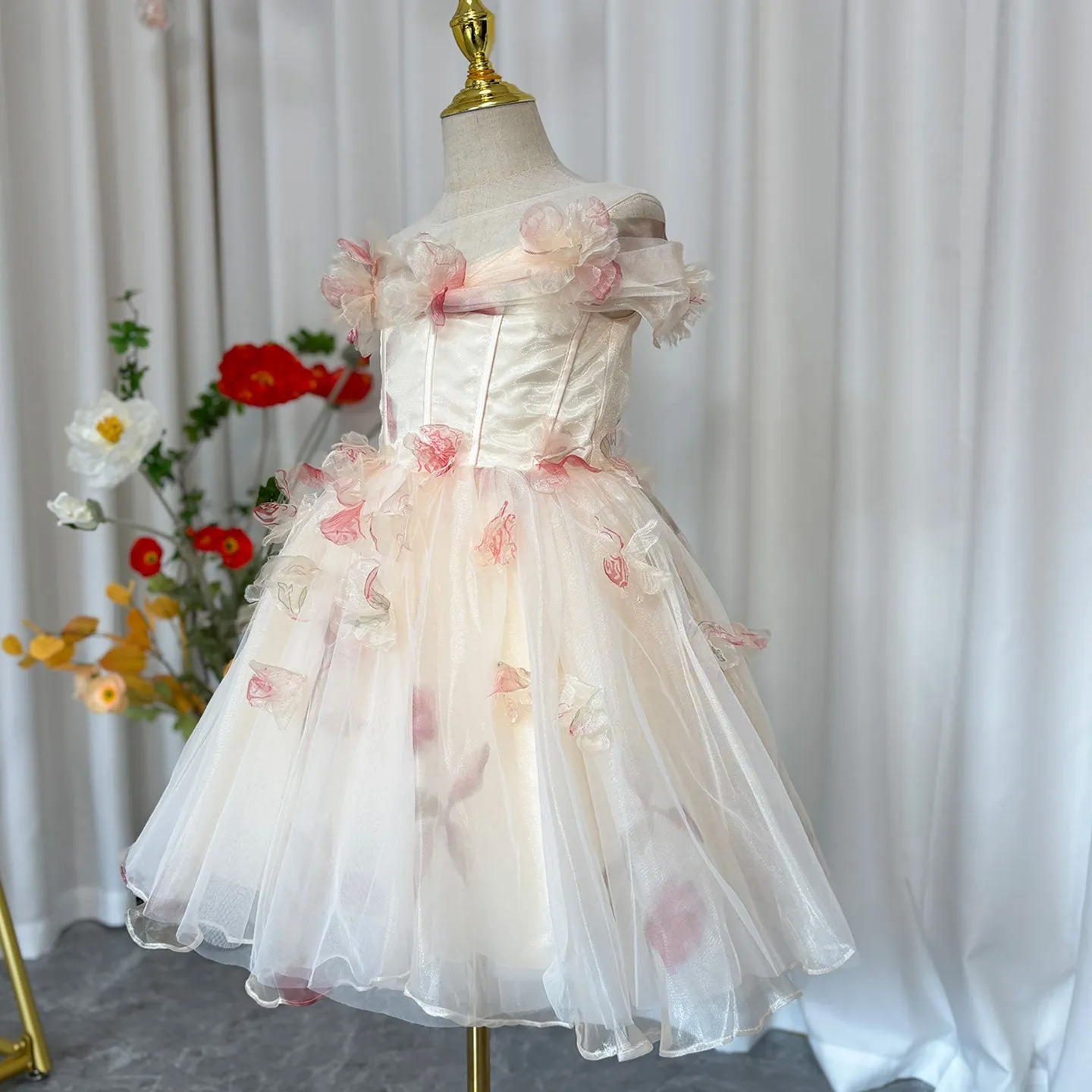 DreamyVow Champagne Floral 1st Birthday Party Girl Dress J345
