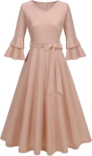 Dresses for Wedding Guest,Elegant Spring Dresses Puff Sleeve Tie Waist Pleated Midi Dress for Going Out Vacation