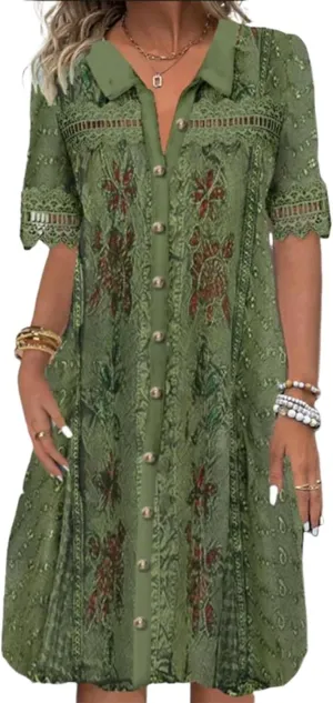 Dresses for Women Print Shift Front Buttons Collared Dress Short Hollow Sleeve Mini Dress Casual Dresses