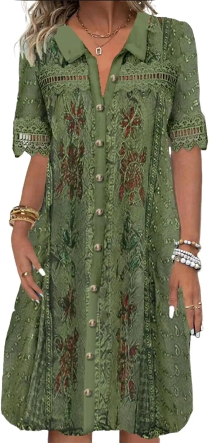 Dresses for Women Print Shift Front Buttons Collared Dress Short Hollow Sleeve Mini Dress Casual Dresses