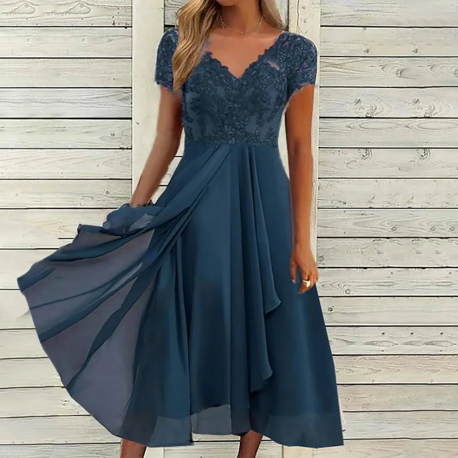 Dresses Women Elegant Lace Chiffon Flowy Dress Evening Party Gown V Neck Short Sleeve Lace Chiffon Dress