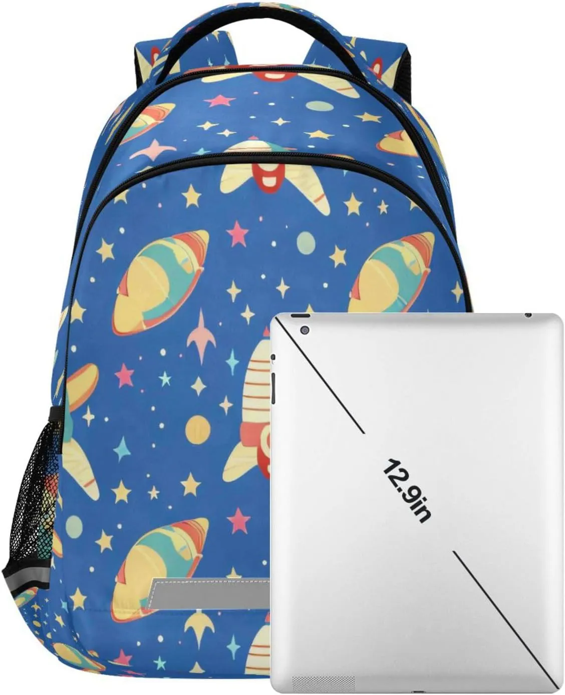 Dussdil Spaceships Galaxy Stars Kid's Backpack Backpacks for Boys Girls, 16 inch Casual Daypack Back Pack Laptop Bag Double Zipper Travel Bags with Adjustable Shoulder Strap