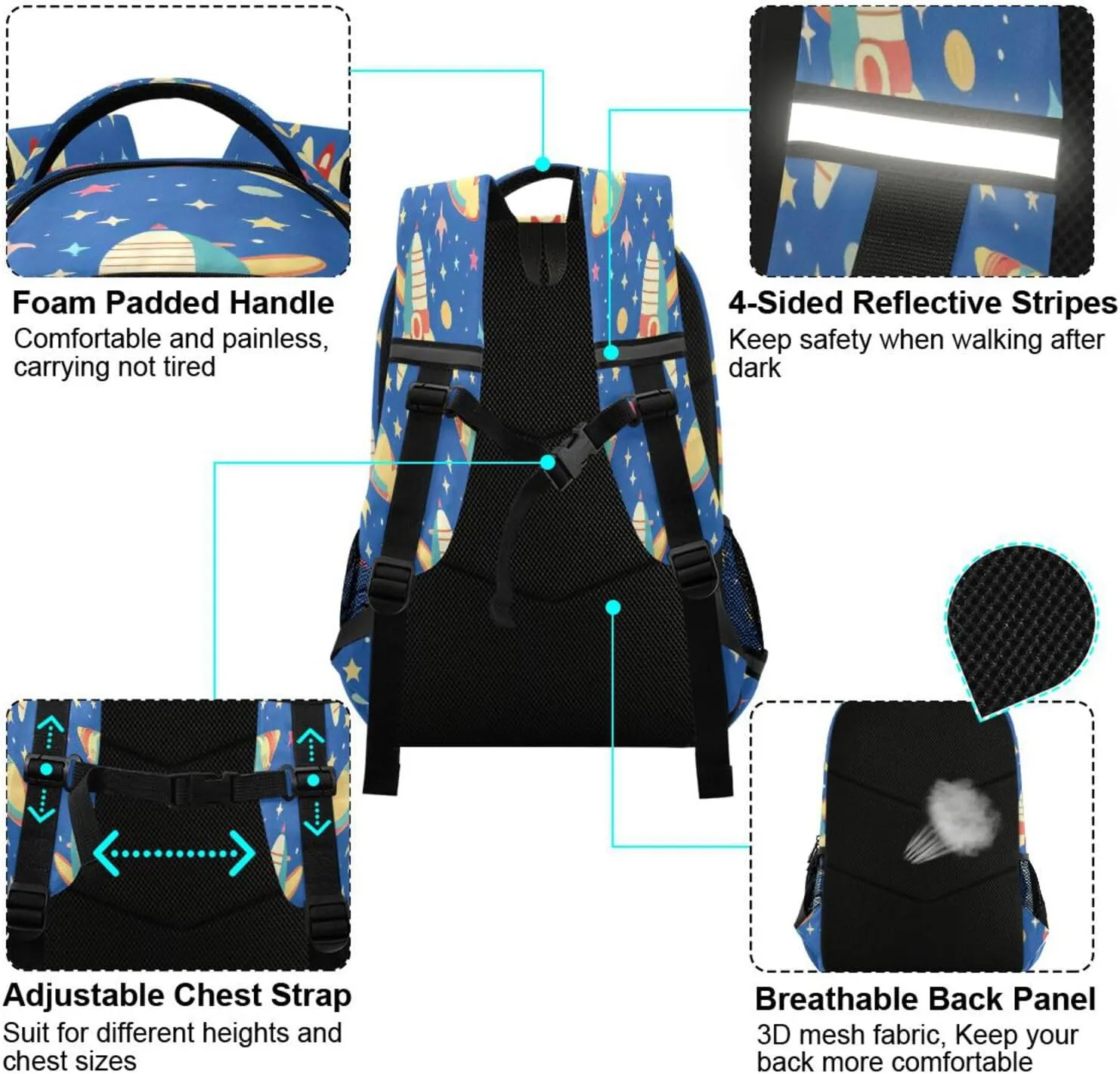Dussdil Spaceships Galaxy Stars Kid's Backpack Backpacks for Boys Girls, 16 inch Casual Daypack Back Pack Laptop Bag Double Zipper Travel Bags with Adjustable Shoulder Strap