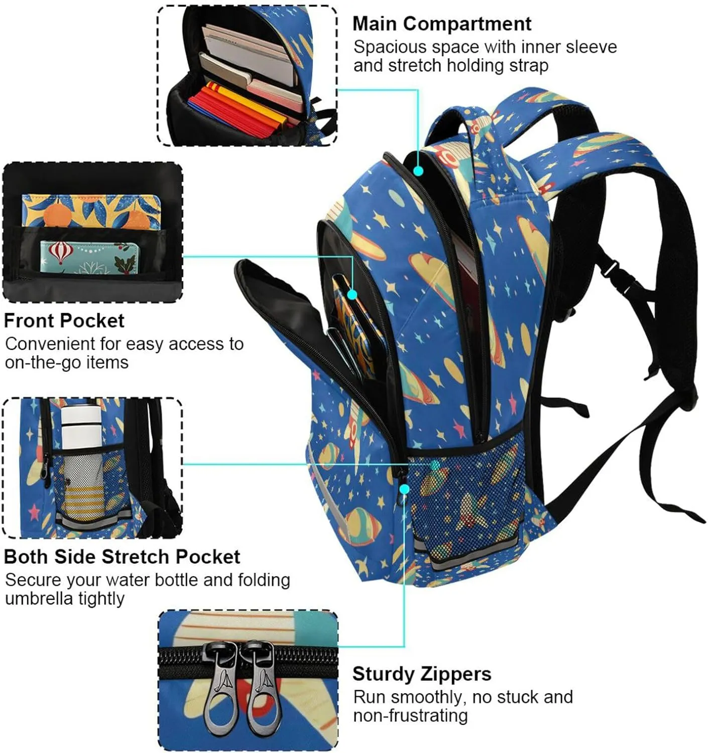Dussdil Spaceships Galaxy Stars Kid's Backpack Backpacks for Boys Girls, 16 inch Casual Daypack Back Pack Laptop Bag Double Zipper Travel Bags with Adjustable Shoulder Strap