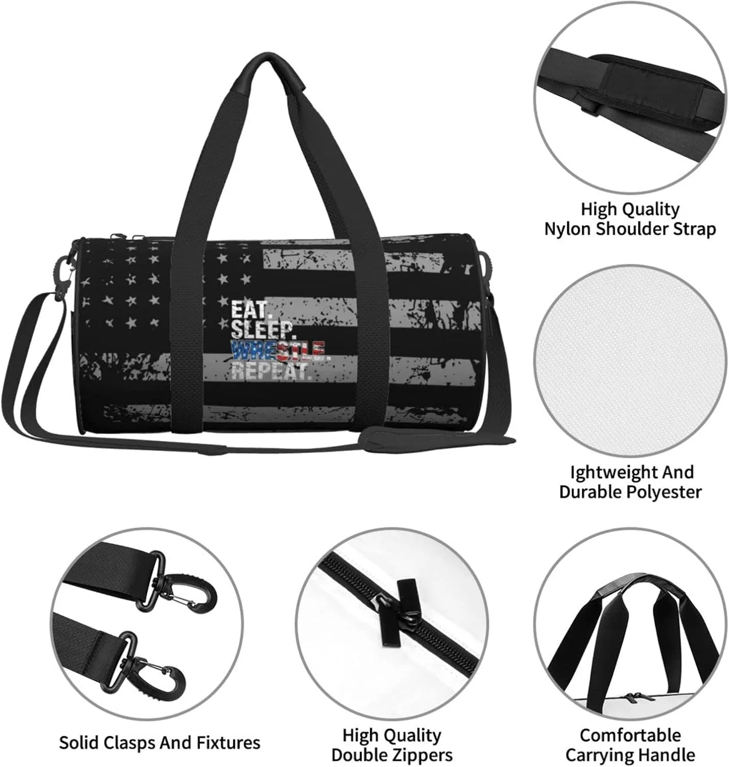 Eat Sleep Wrestle Repeat Wrestling Travel Luggage Duffel Bag Sports Rolling Foldable Duffel Bag, Black