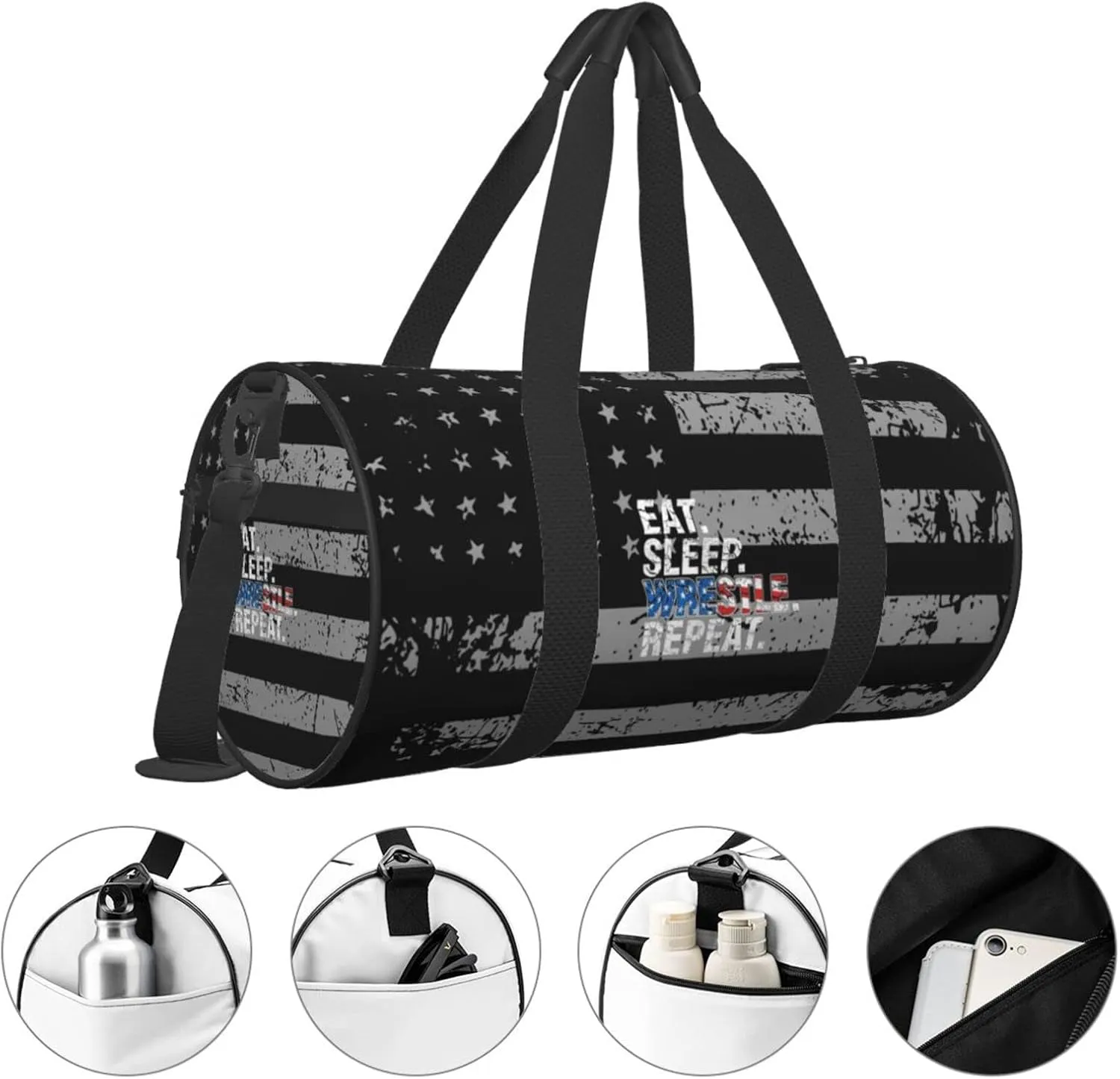 Eat Sleep Wrestle Repeat Wrestling Travel Luggage Duffel Bag Sports Rolling Foldable Duffel Bag, Black