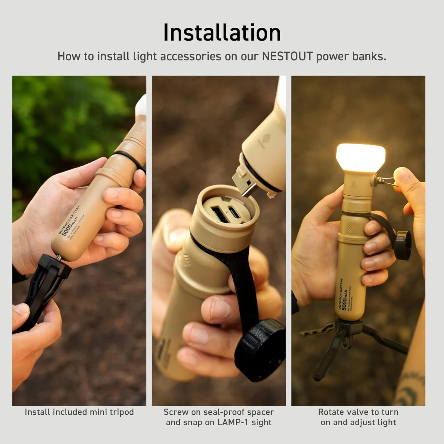 ELECOM NESTOUT Outdoor Camping LED Panel Flashlight w/ Mini Tripod, Dimmable USB Powered LED Light, IP44 Water Dust Resistant, 30-1000 Lumen, Portable Lantern for NESTOUT Power Bank, Beige (Flash-1)