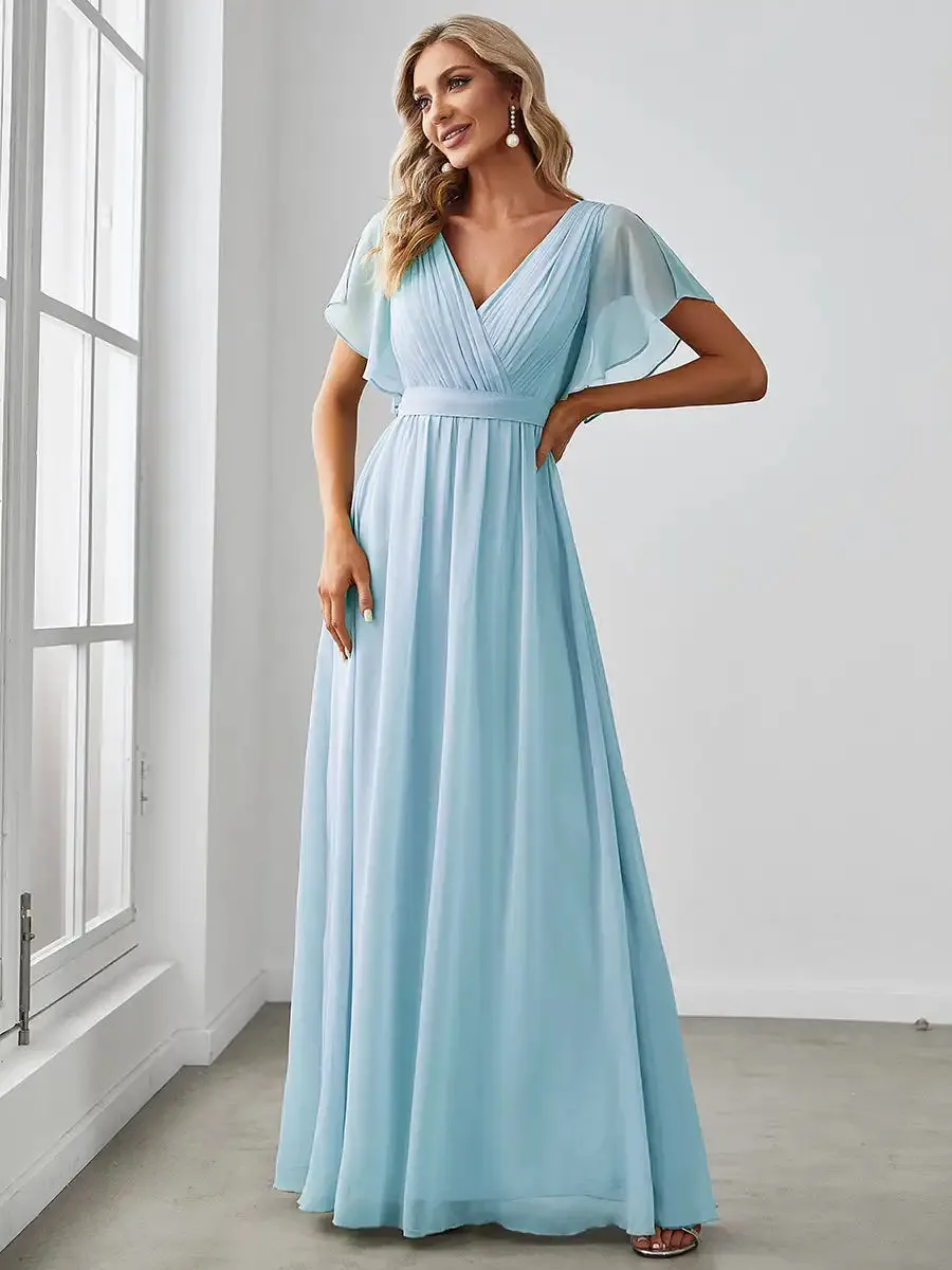 Elegant 2024 A-Line V-Neck Chiffon Floor-Length Evening Dress