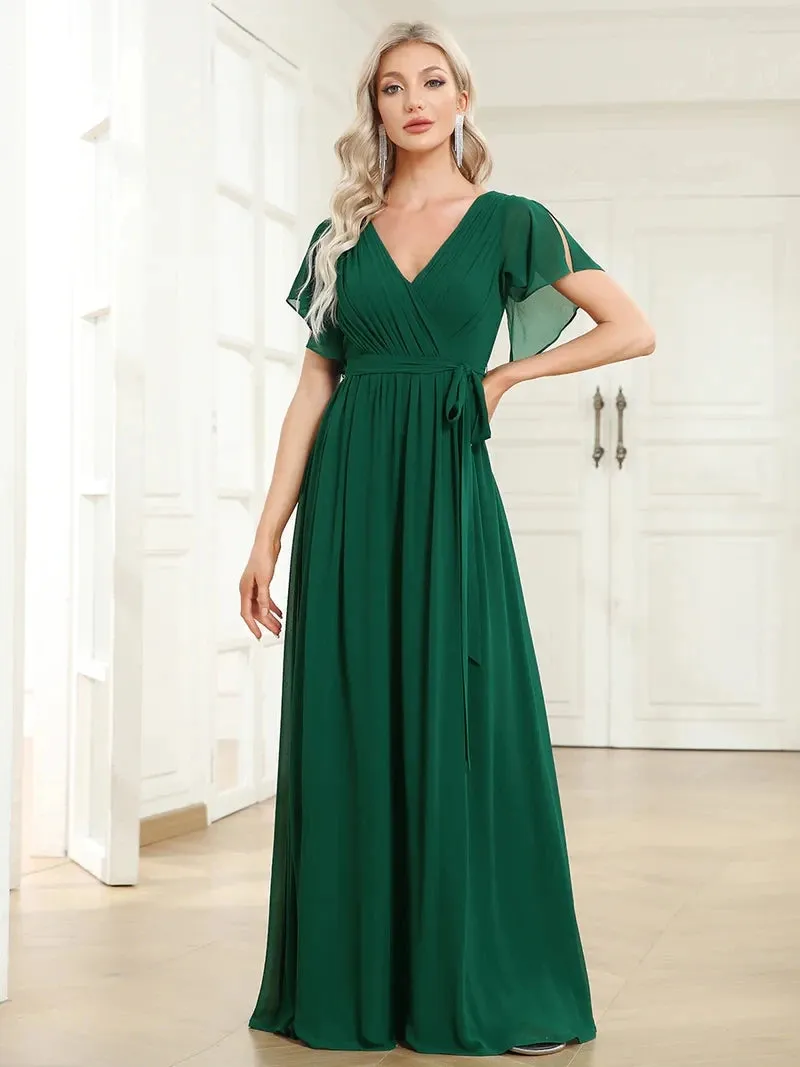 Elegant 2024 A-Line V-Neck Chiffon Floor-Length Evening Dress