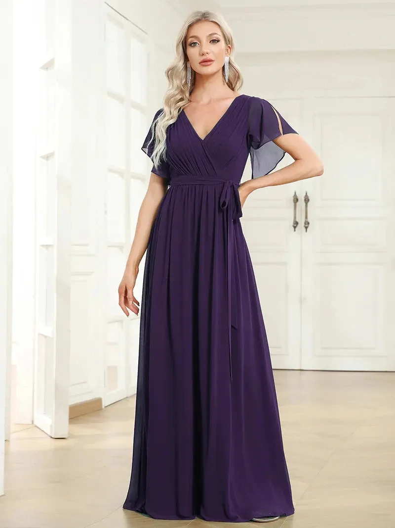 Elegant 2024 A-Line V-Neck Chiffon Floor-Length Evening Dress