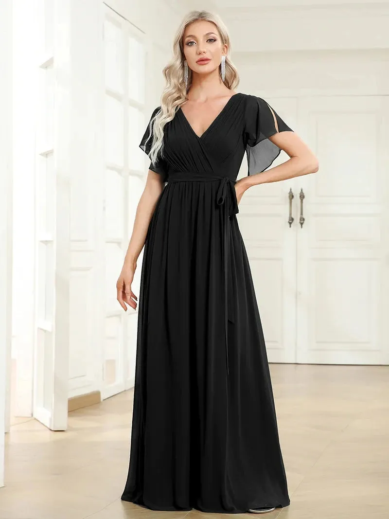 Elegant 2024 A-Line V-Neck Chiffon Floor-Length Evening Dress