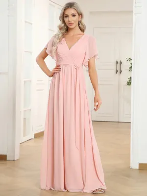 Elegant 2024 A-Line V-Neck Chiffon Floor-Length Evening Dress