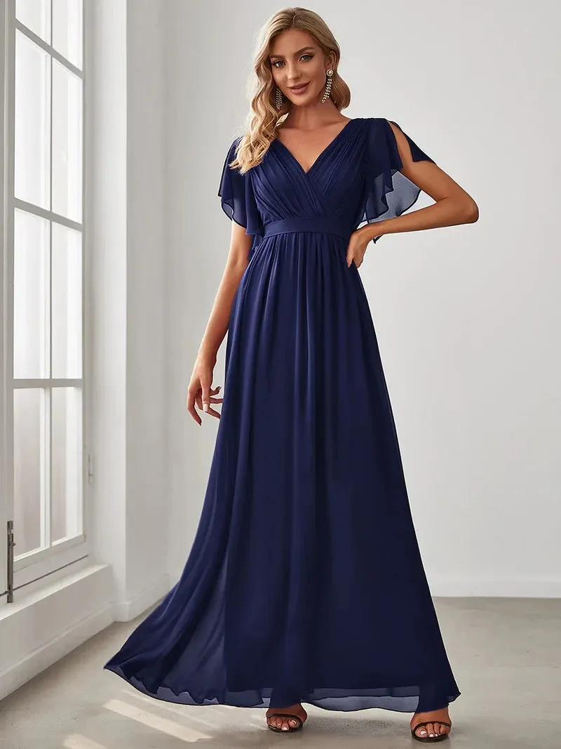 Elegant 2024 A-Line V-Neck Chiffon Floor-Length Evening Dress