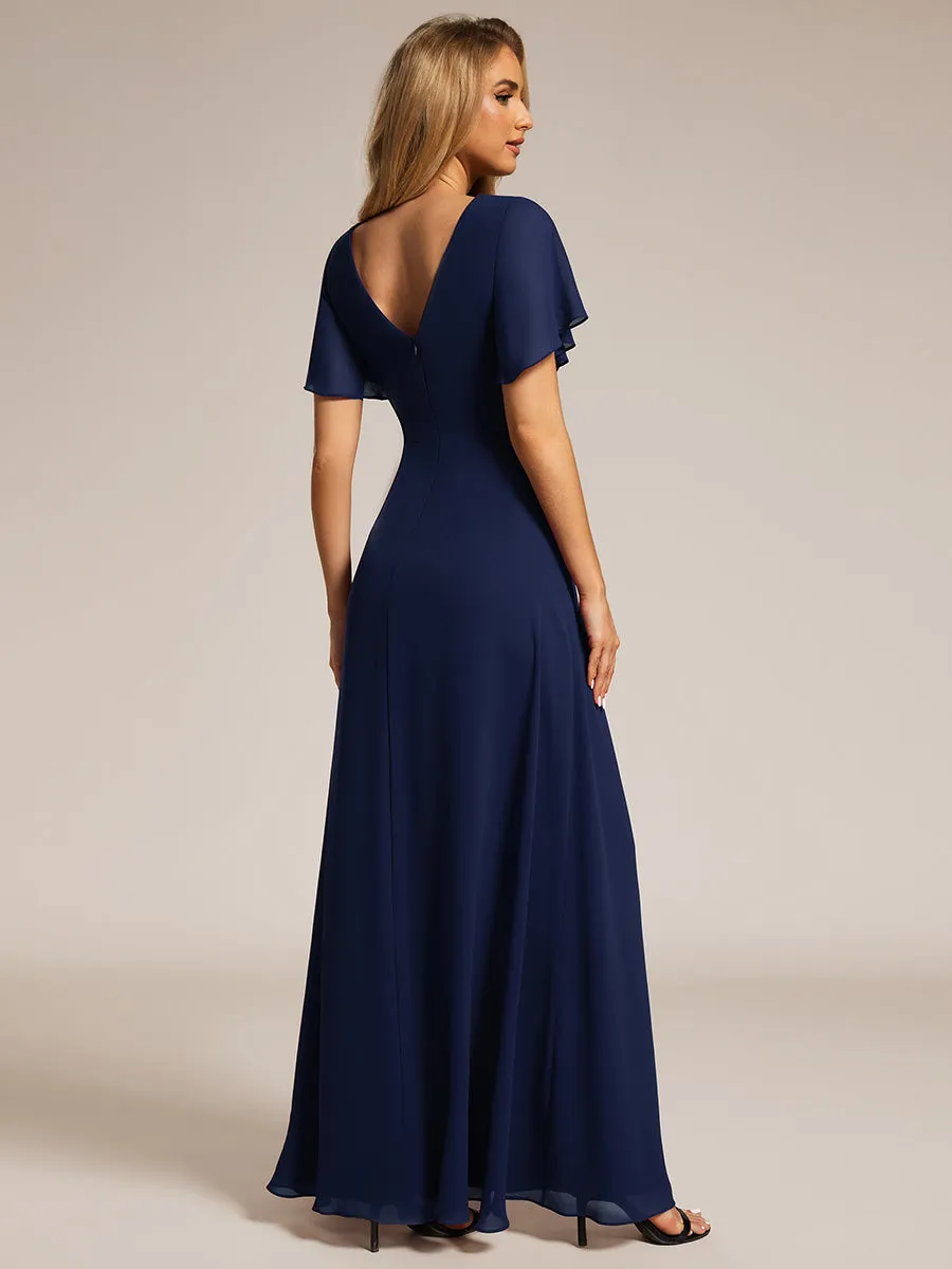 Elegant Lotus Leaf Ruffles Sleeve Waist Chiffon Evening Dress