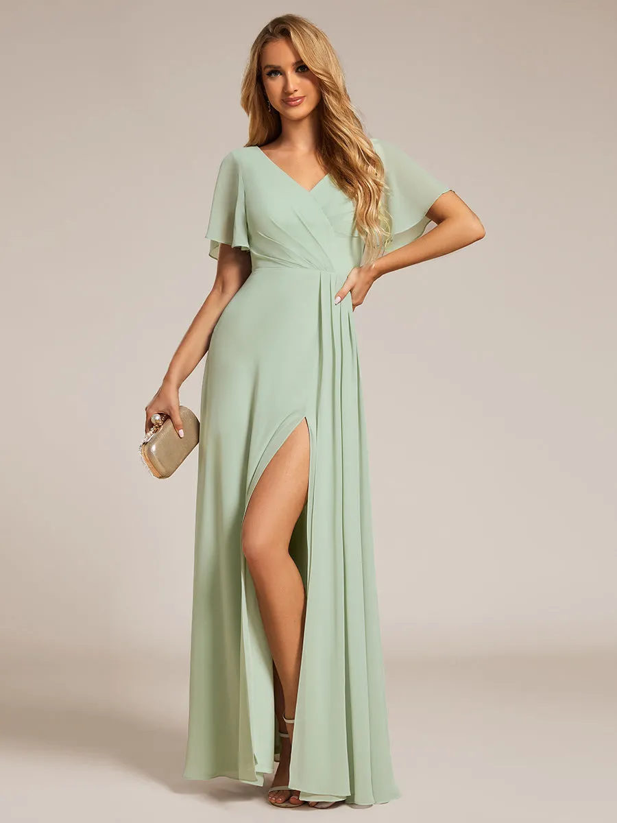 Elegant Lotus Leaf Ruffles Sleeve Waist Chiffon Evening Dress