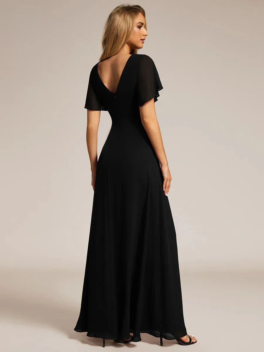 Elegant Lotus Leaf Ruffles Sleeve Waist Chiffon Evening Dress