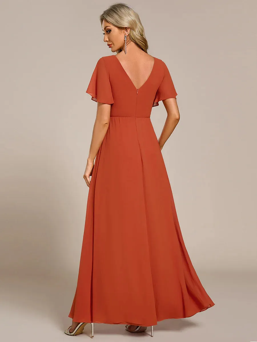 Elegant Lotus Leaf Ruffles Sleeve Waist Chiffon Evening Dress