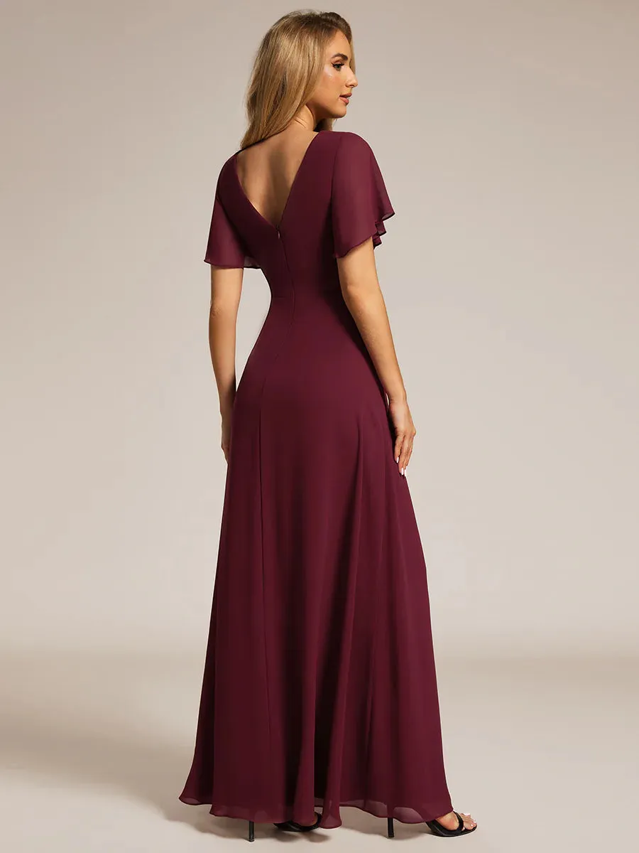 Elegant Lotus Leaf Ruffles Sleeve Waist Chiffon Evening Dress