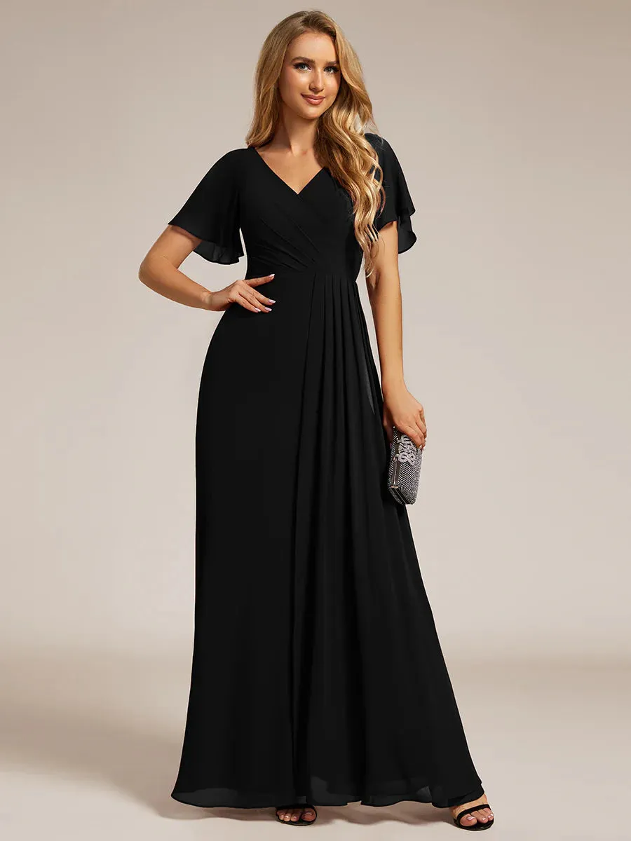 Elegant Lotus Leaf Ruffles Sleeve Waist Chiffon Evening Dress