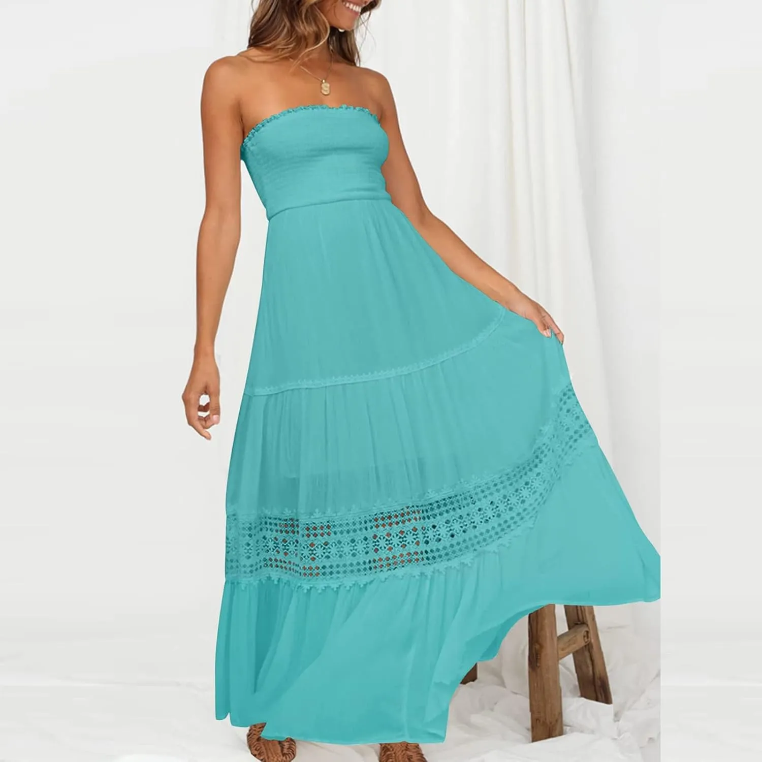 Elegant Midi Skirts for Women Fashion Off Shoulder Dress Sleeveless Lace Printed Hollow Out Dress Crewneck Party