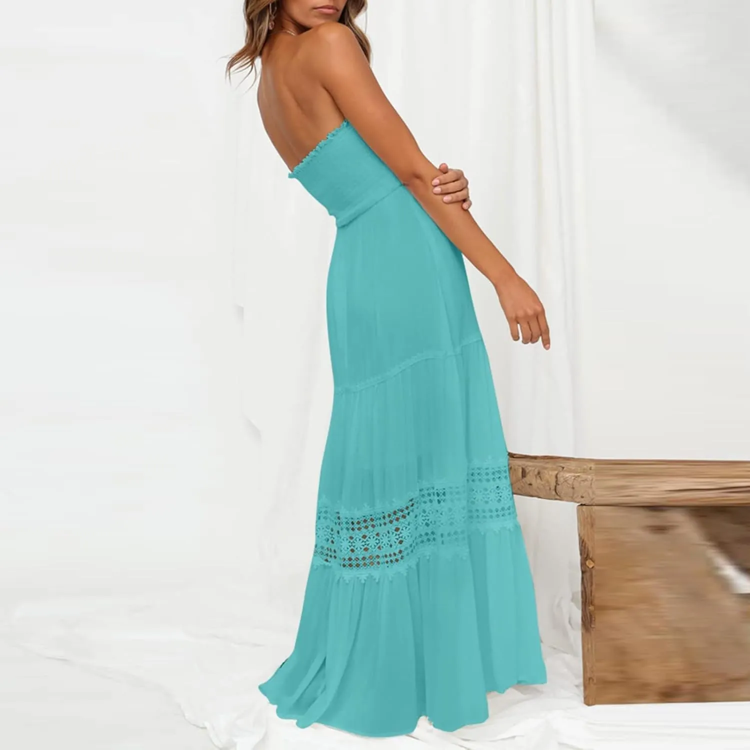 Elegant Midi Skirts for Women Fashion Off Shoulder Dress Sleeveless Lace Printed Hollow Out Dress Crewneck Party