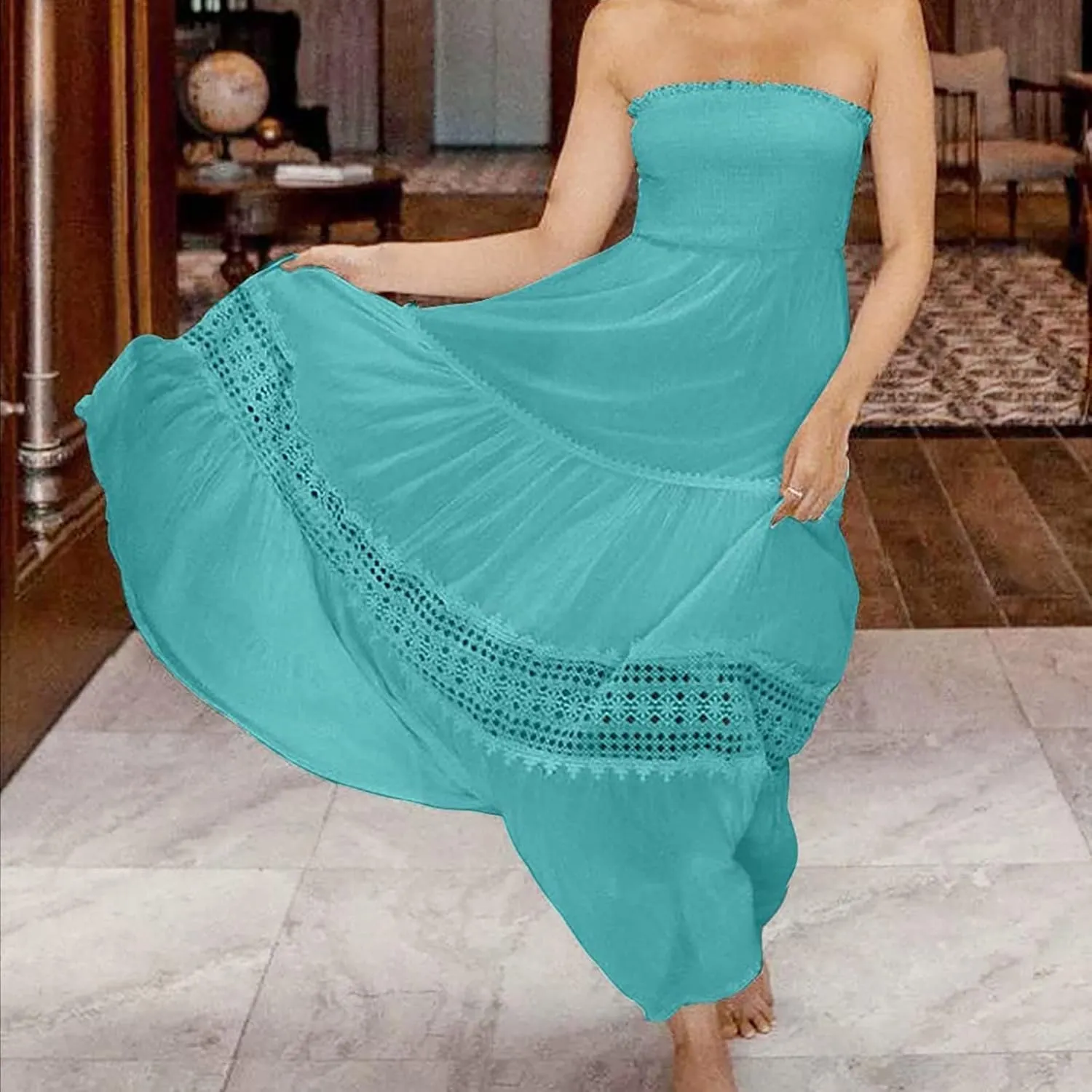 Elegant Midi Skirts for Women Fashion Off Shoulder Dress Sleeveless Lace Printed Hollow Out Dress Crewneck Party