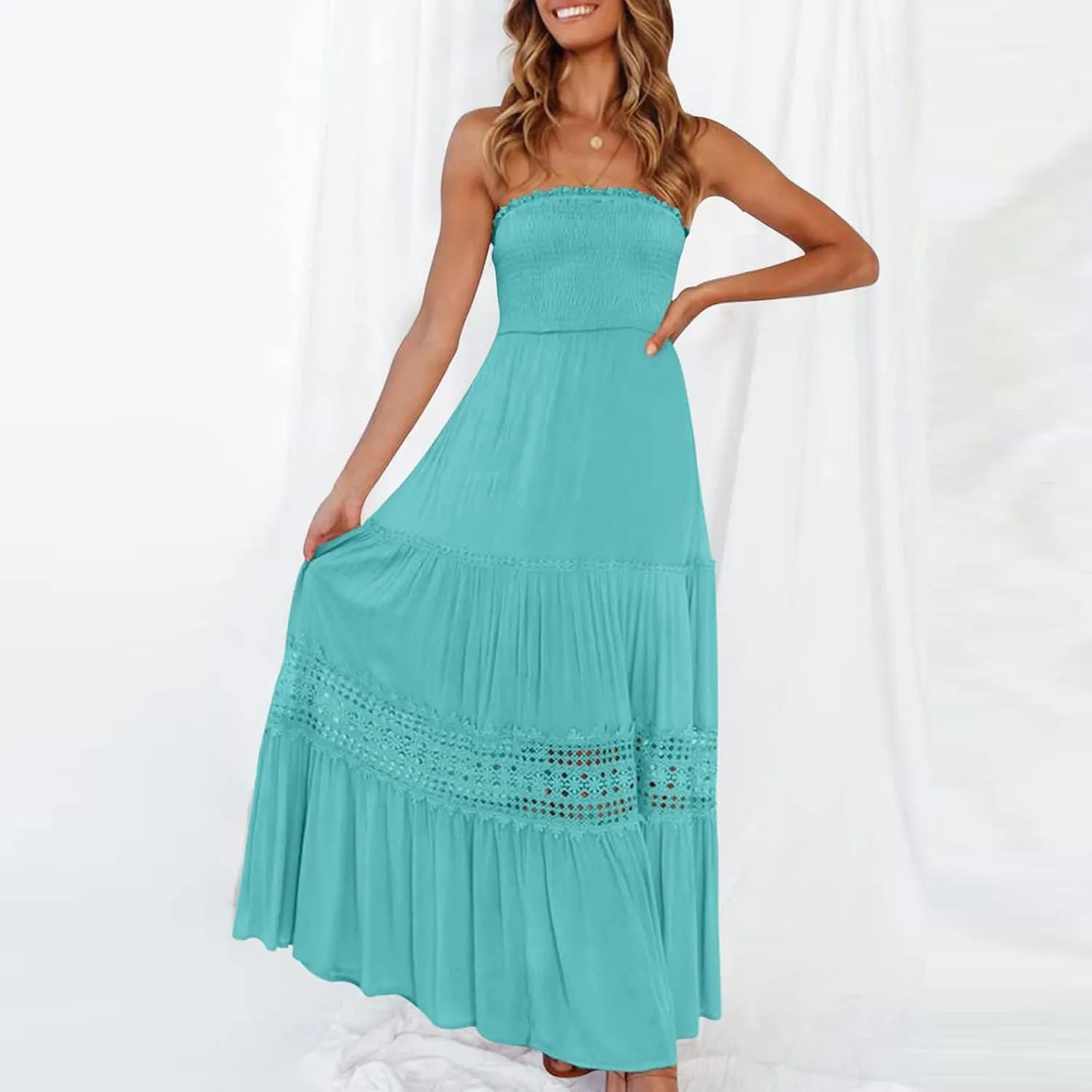 Elegant Midi Skirts for Women Fashion Off Shoulder Dress Sleeveless Lace Printed Hollow Out Dress Crewneck Party