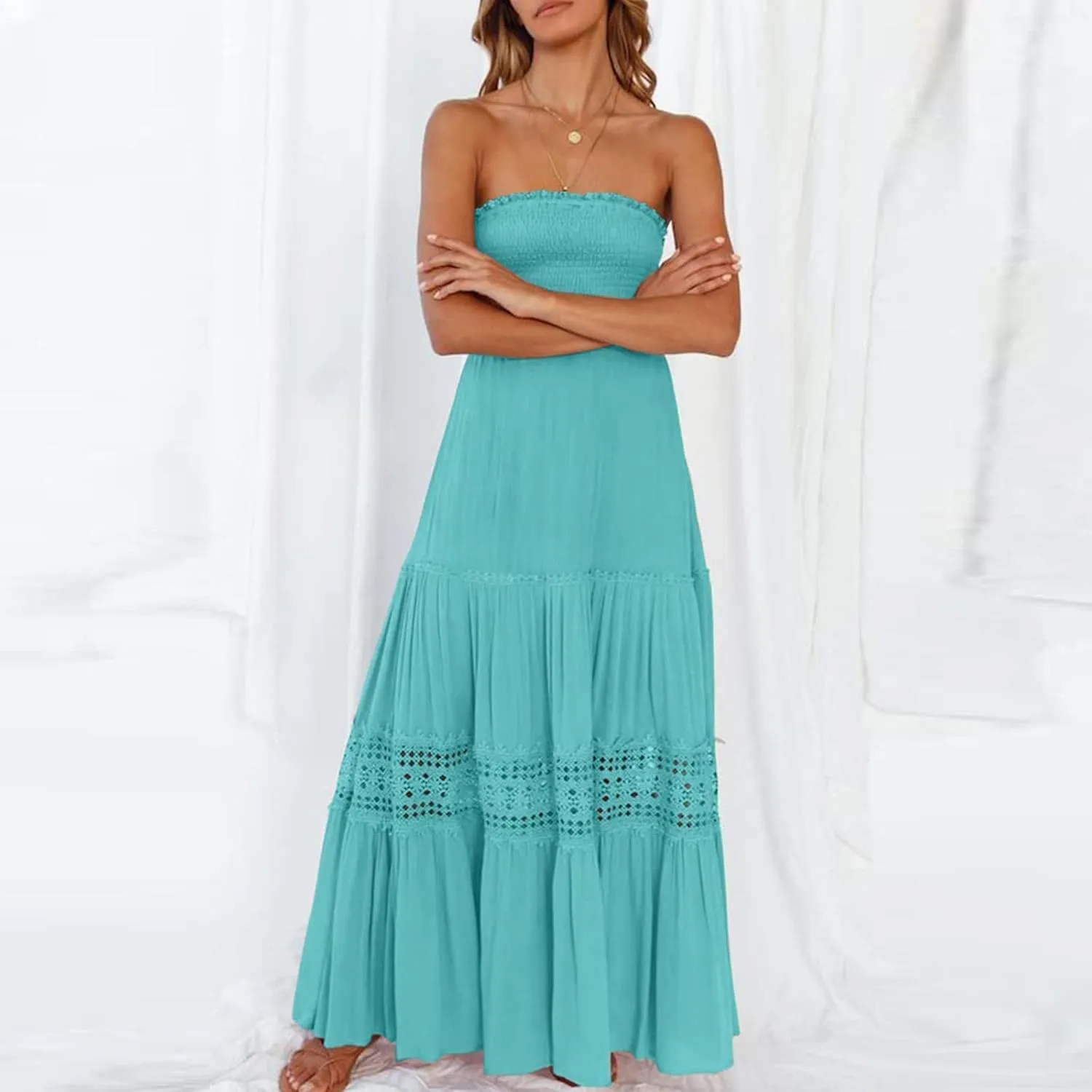 Elegant Midi Skirts for Women Fashion Off Shoulder Dress Sleeveless Lace Printed Hollow Out Dress Crewneck Party