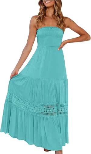 Elegant Midi Skirts for Women Fashion Off Shoulder Dress Sleeveless Lace Printed Hollow Out Dress Crewneck Party