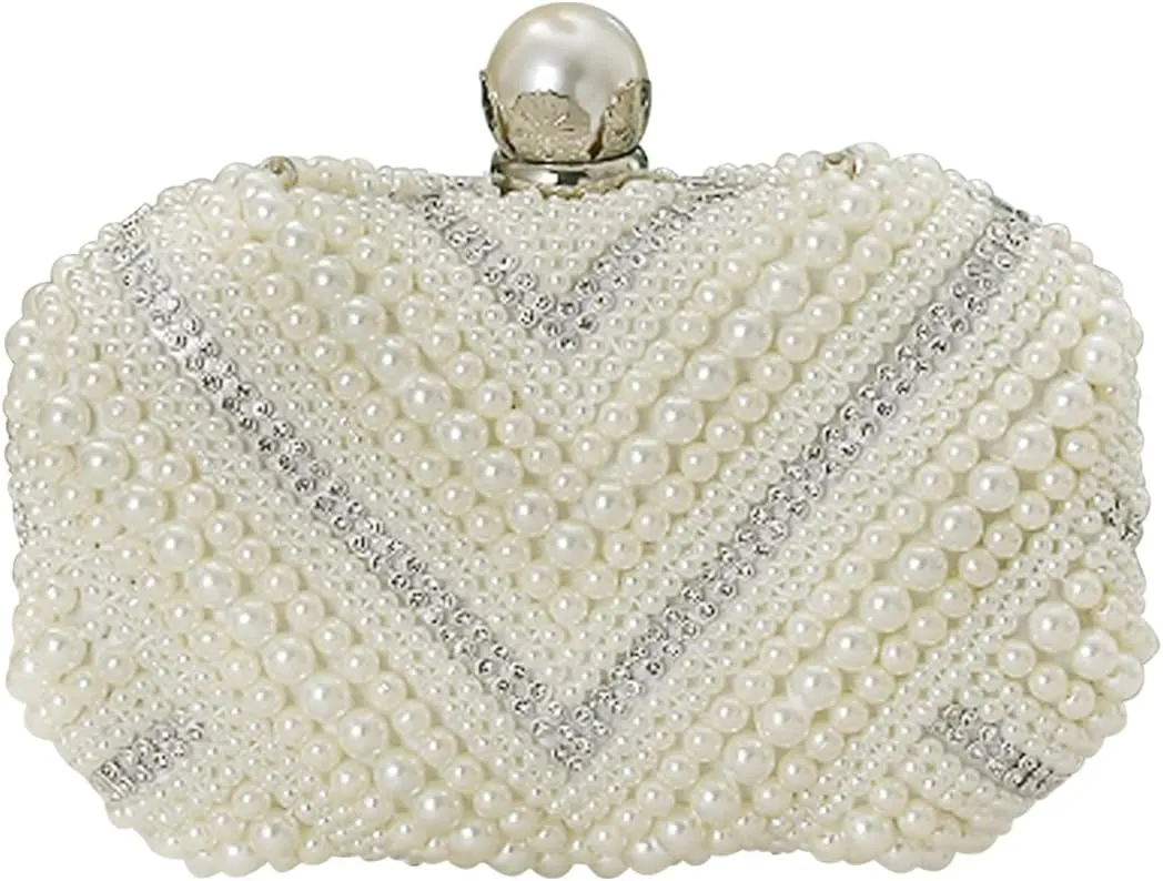 Elegant Pearl Beaded Evening Handbag with Rhinestones - Bridal Wedding Small Crossbody Shoulder Bag for Ladies