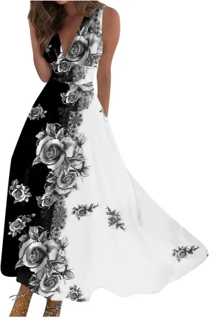 Elegant Women's Floral Maxi Dress Sleeveless V-Neck Evening Gown with Print for Summer Parties