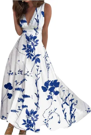 Elegant Women's Floral Maxi Dress Sleeveless V-Neck Evening Gown with Print for Summer Parties