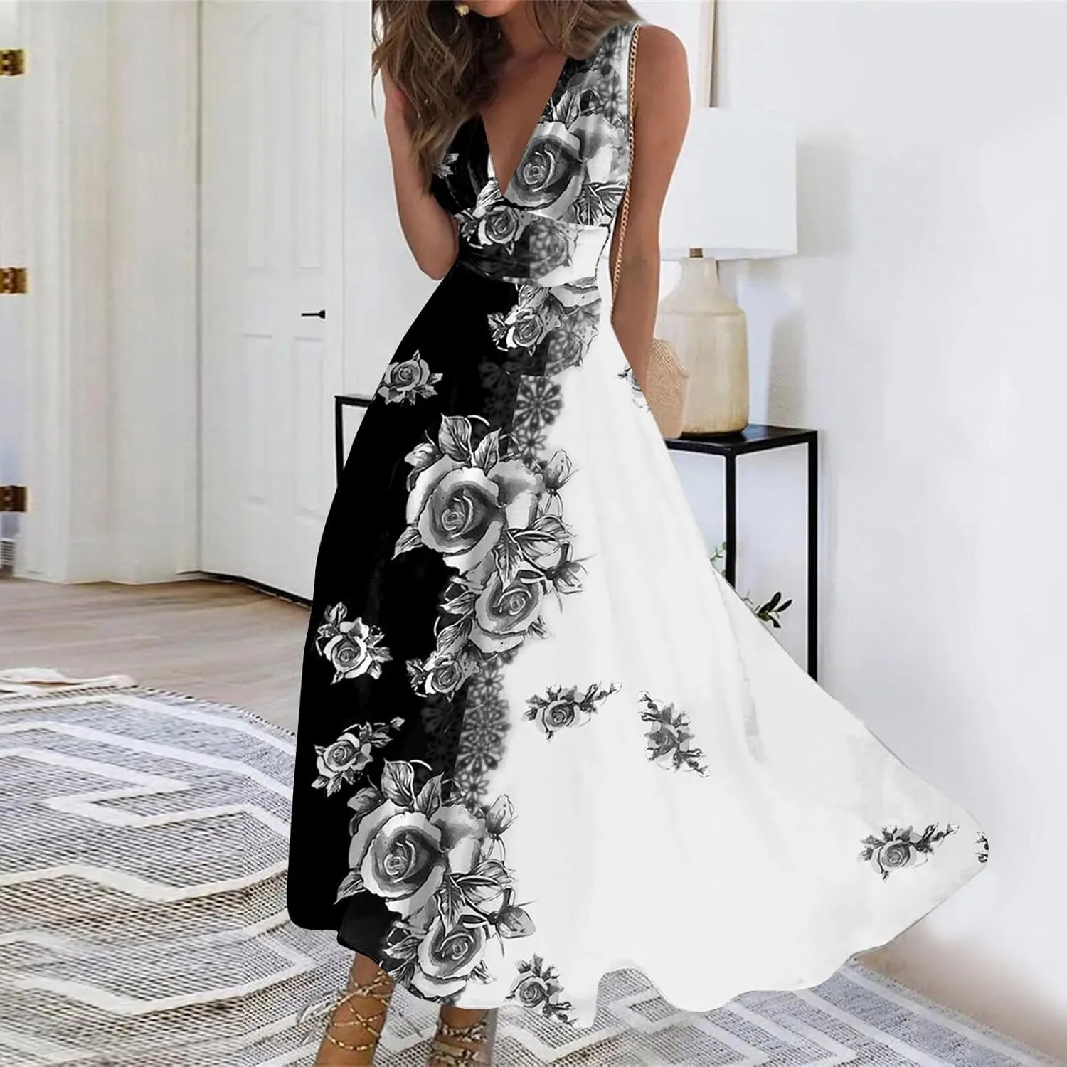 Elegant Women's Floral Maxi Dress Sleeveless V-Neck Evening Gown with Print for Summer Parties
