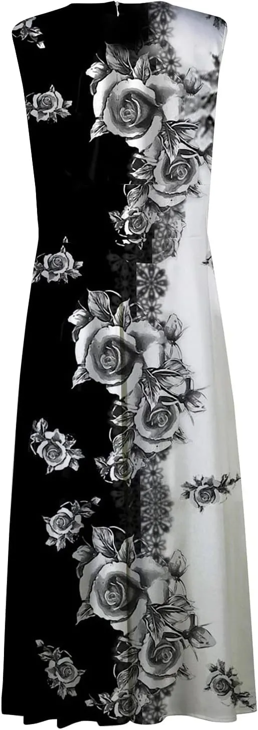Elegant Women's Floral Maxi Dress Sleeveless V-Neck Evening Gown with Print for Summer Parties