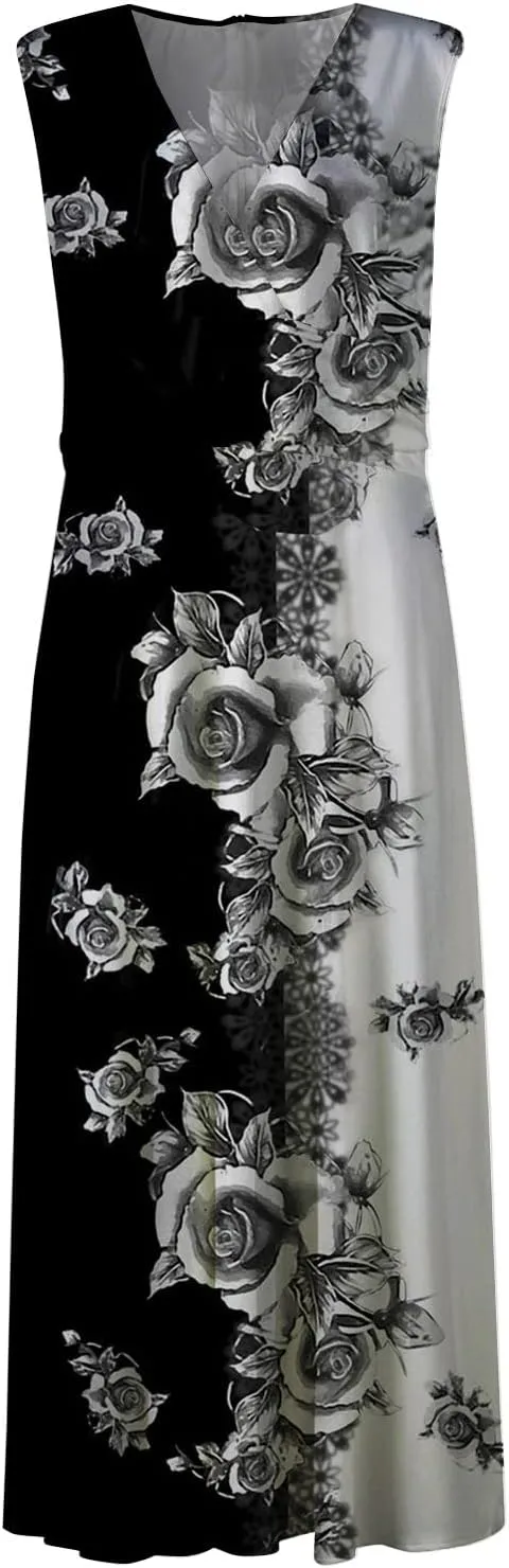 Elegant Women's Floral Maxi Dress Sleeveless V-Neck Evening Gown with Print for Summer Parties