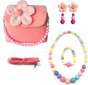 Elesa Miracle Little Girl Handbag Beauty Set Plush Handbag   Flower-Shaped Clip-on Earrings   Necklace and Bracelet Set (Pink)
