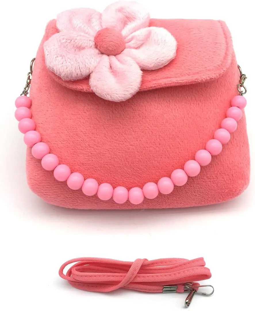 Elesa Miracle Little Girl Handbag Beauty Set Plush Handbag   Flower-Shaped Clip-on Earrings   Necklace and Bracelet Set (Pink)