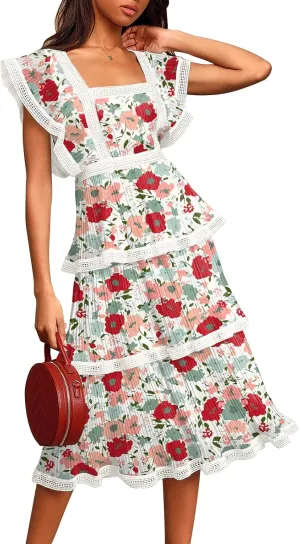 ETCYY Women's Summer Ruffle Dress Tiered Layed Chiffon Lace Short Sleeve Boho Floral Print Party Wedding Guest Maxi Dresses