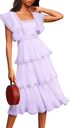 ETCYY Women's Summer Ruffle Dress Tiered Layed Chiffon Lace Short Sleeve Boho Floral Print Party Wedding Guest Maxi Dresses