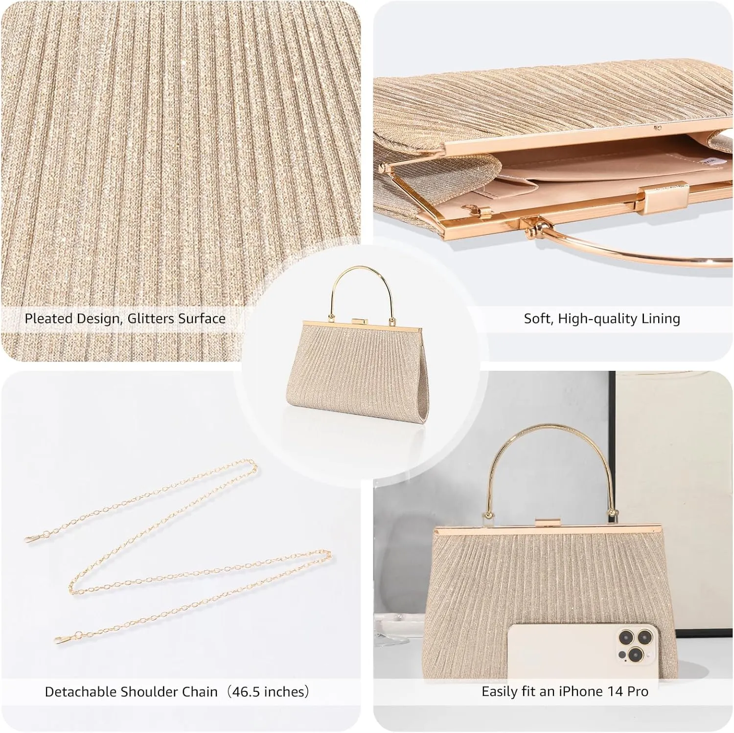 Evening Bag for Women Sparkly Handbag with Chain, Women's Shoulder Bag Pleated Clutch Purse for Wedding, Prom, Party