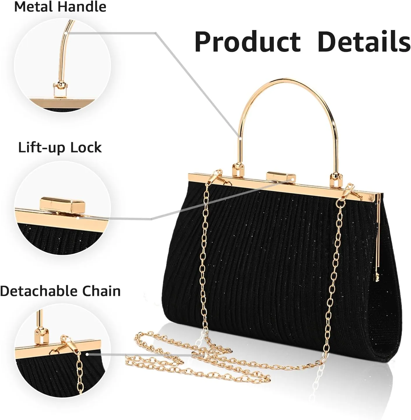 Evening Bag for Women Sparkly Handbag with Chain, Women's Shoulder Bag Pleated Clutch Purse for Wedding, Prom, Party