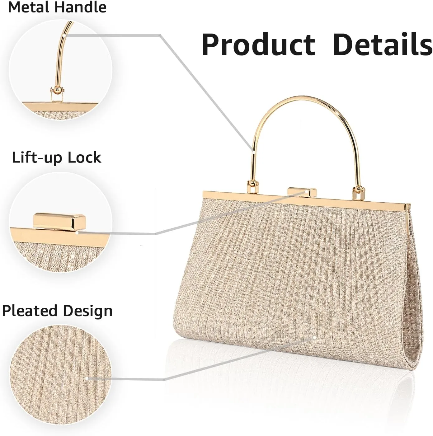Evening Bag for Women Sparkly Handbag with Chain, Women's Shoulder Bag Pleated Clutch Purse for Wedding, Prom, Party