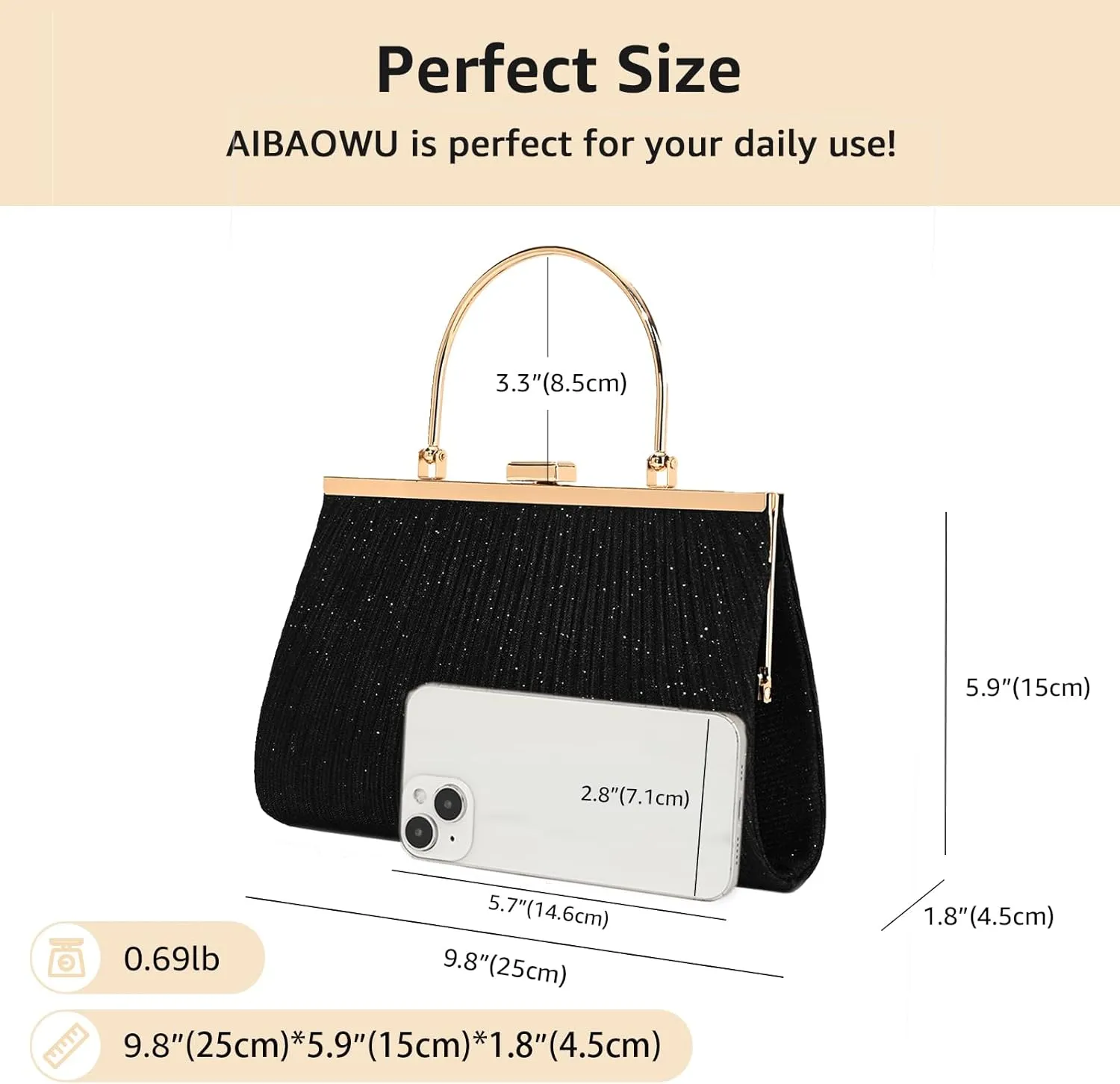 Evening Bag for Women Sparkly Handbag with Chain, Women's Shoulder Bag Pleated Clutch Purse for Wedding, Prom, Party