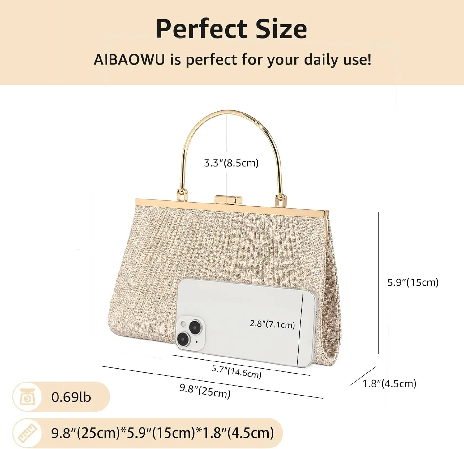Evening Bag for Women Sparkly Handbag with Chain, Women's Shoulder Bag Pleated Clutch Purse for Wedding, Prom, Party