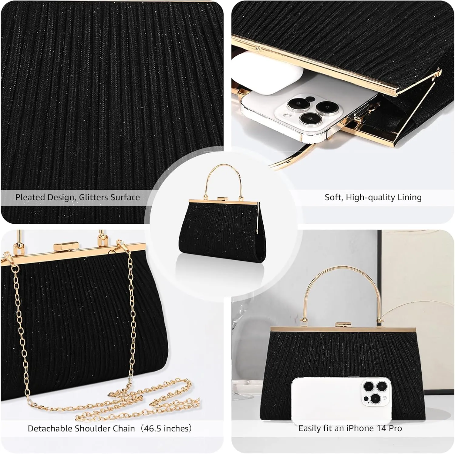 Evening Bag for Women Sparkly Handbag with Chain, Women's Shoulder Bag Pleated Clutch Purse for Wedding, Prom, Party
