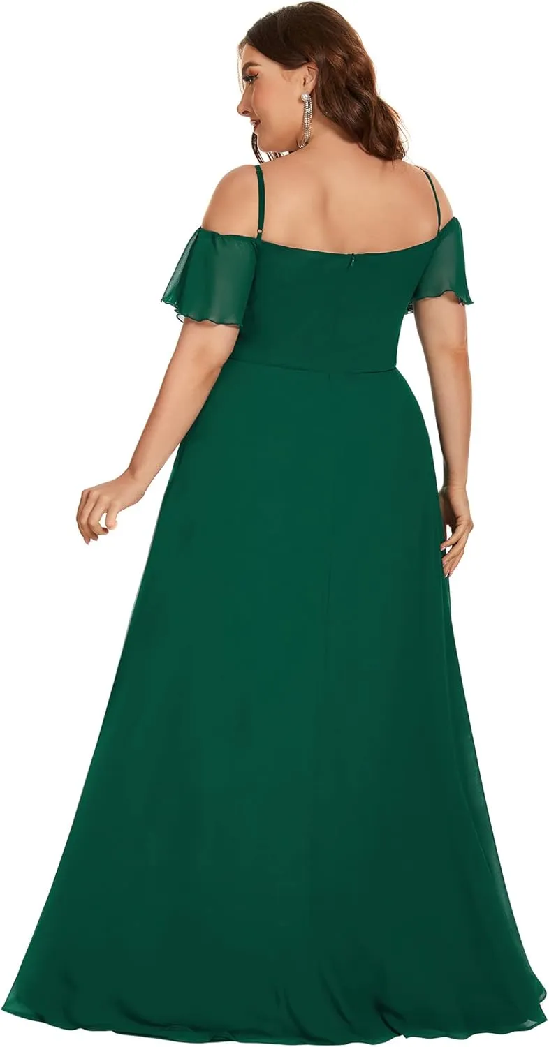 Ever-Pretty Plus Women's Off Shoulder Ruffles Sleeves Side Slit Chiffon Plus Size Bridesmaid Dresses 00237-DA