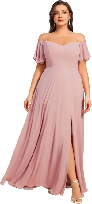 Ever-Pretty Plus Women's Off Shoulder Ruffles Sleeves Side Slit Chiffon Plus Size Bridesmaid Dresses 00237-DA