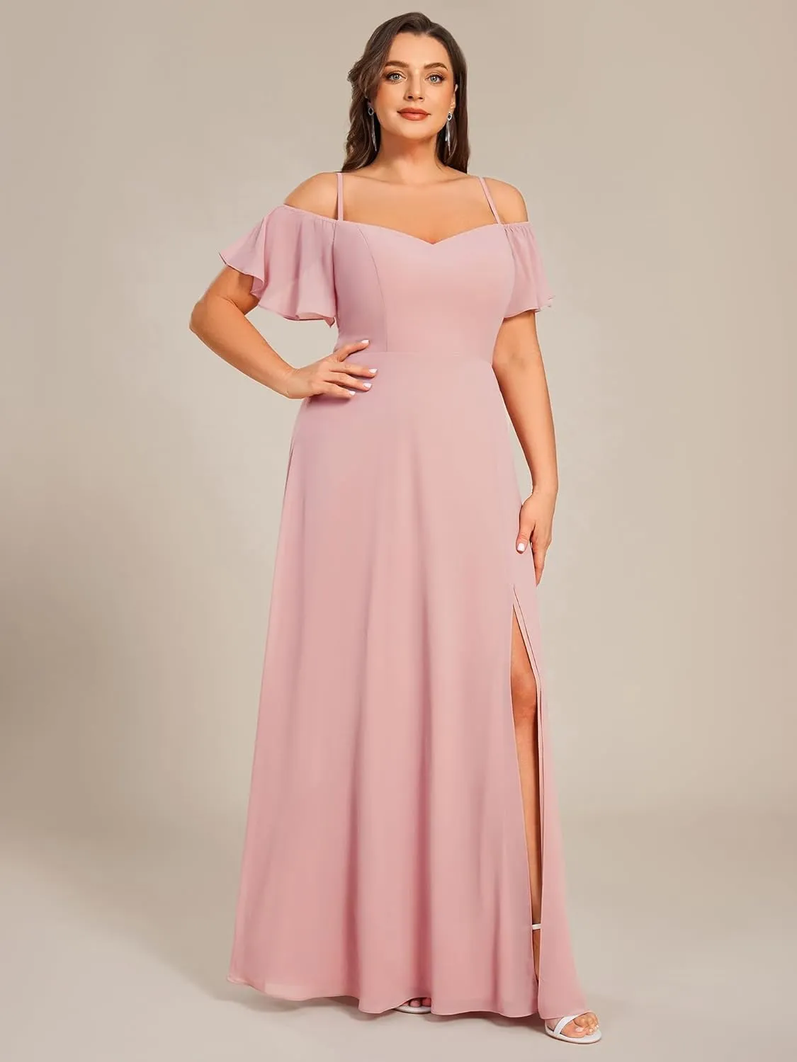 Ever-Pretty Plus Women's Off Shoulder Ruffles Sleeves Side Slit Chiffon Plus Size Bridesmaid Dresses 00237-DA